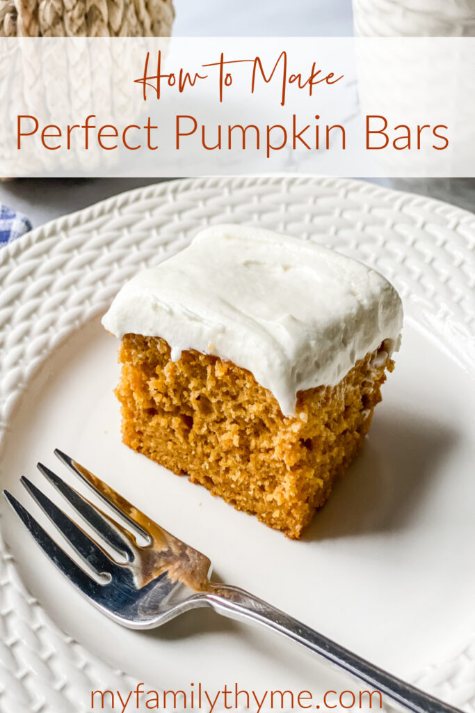 pumpkin bar with cream cheese frosting on plate with fork
