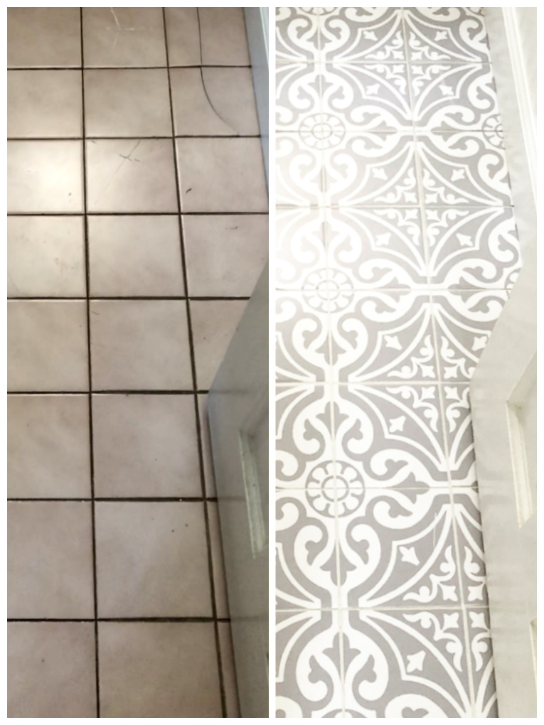 before and after of pink tiled bathroom floor and it updated with peel and stick floor tile stickers