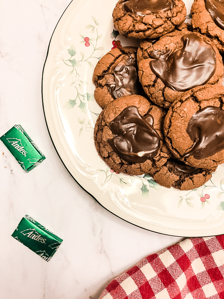 view of chocolate mint cookies on a Christmas plate