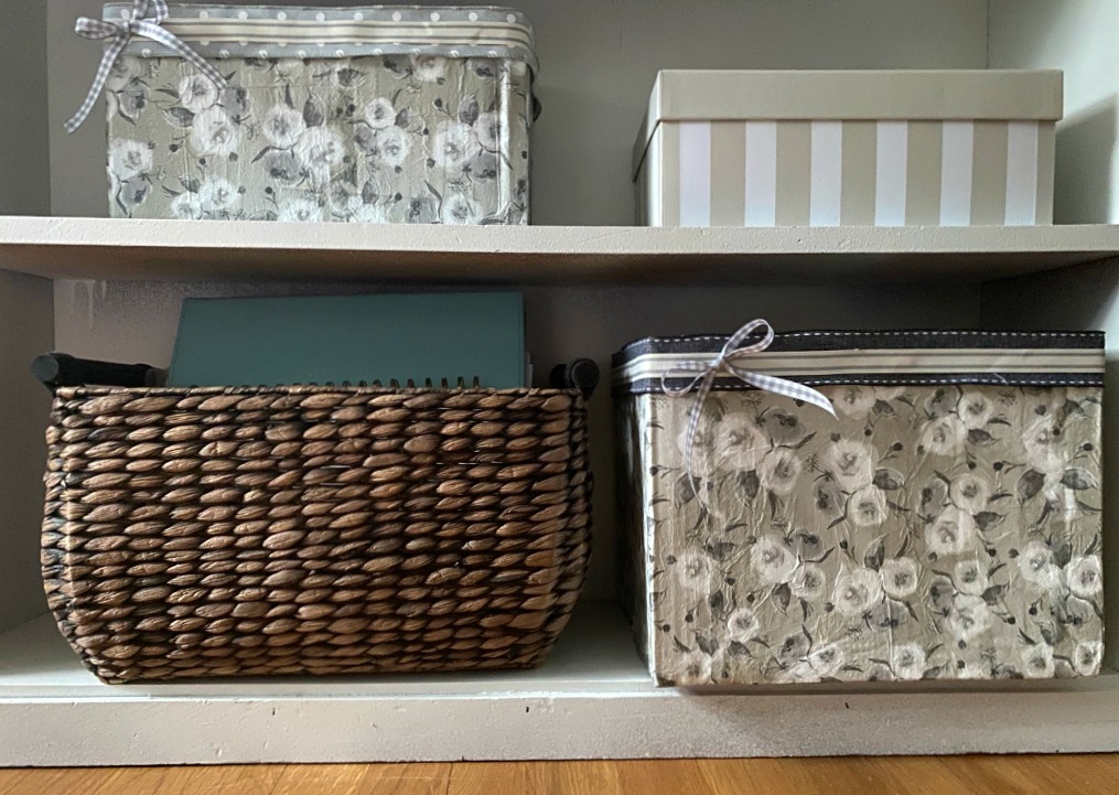 Map Covered Shelf Organizing Using Shoeboxes, Decoupage