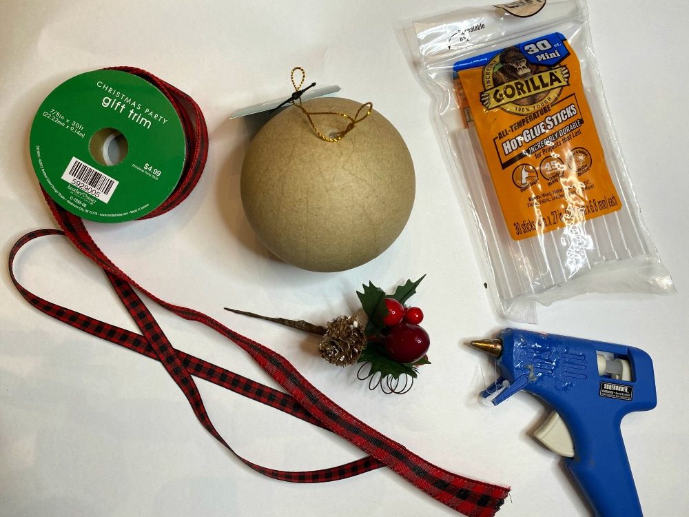 DIY Ribbon Wrapped Christmas Ornament supplies