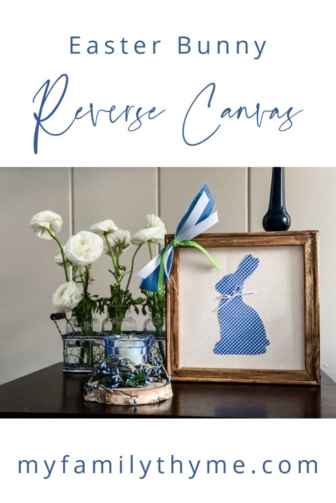 view of blue and white Easter bunny reverse canvas on table