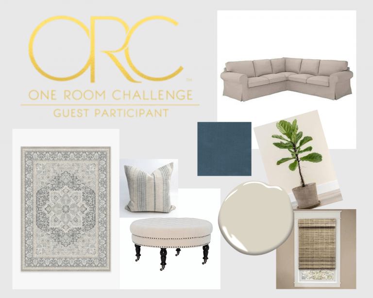mood board collage of One Room Challenge family room makeover