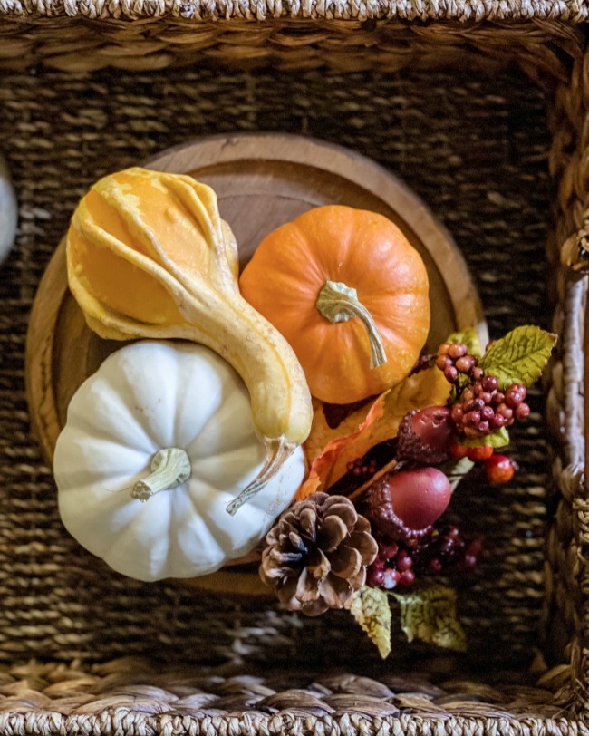 fall vignette with pumpkins and gourds