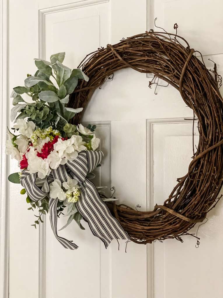 view of DIY wreath on door