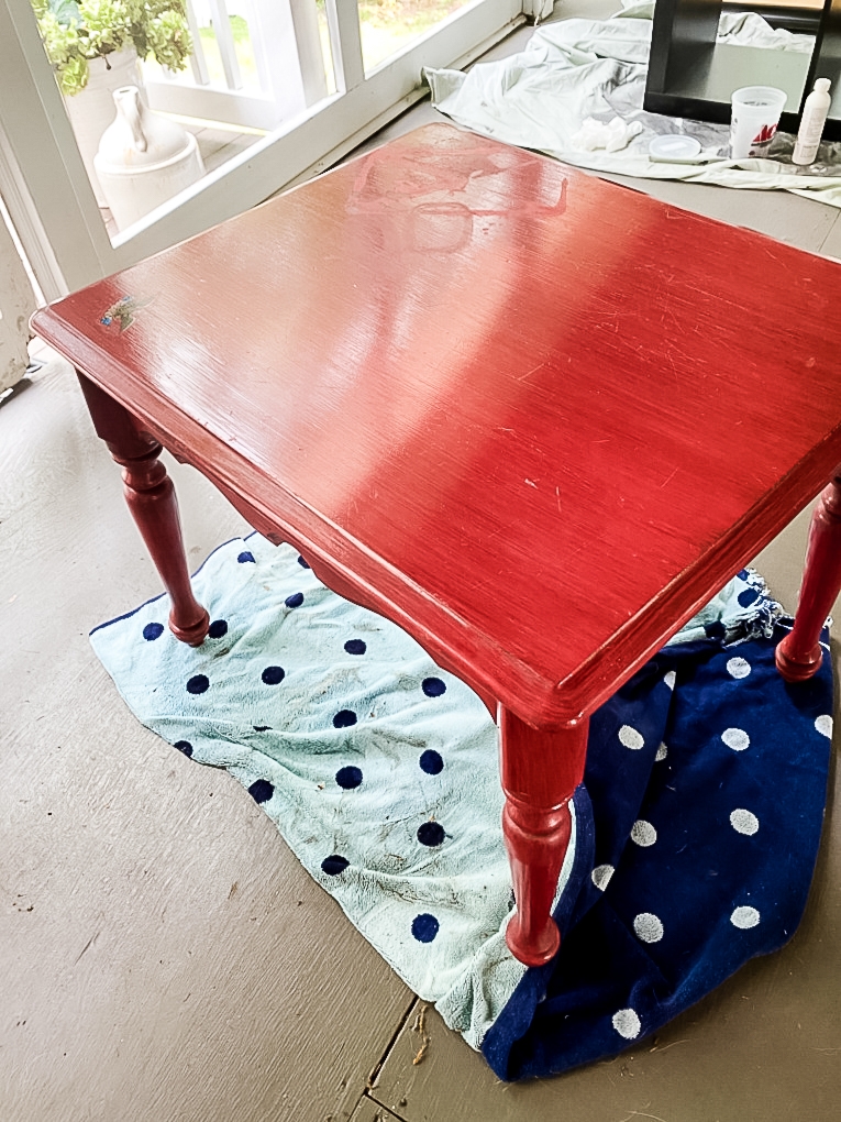 view of red table top before painting