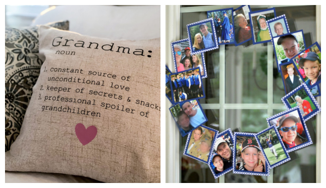 collage of Grandma cricut pillow and memory wreath