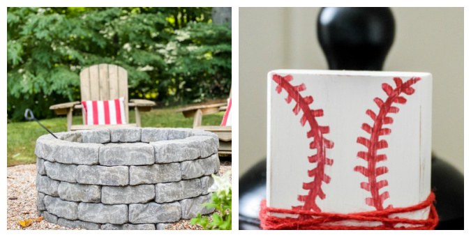 view of diy fire pit and baseball picture holder