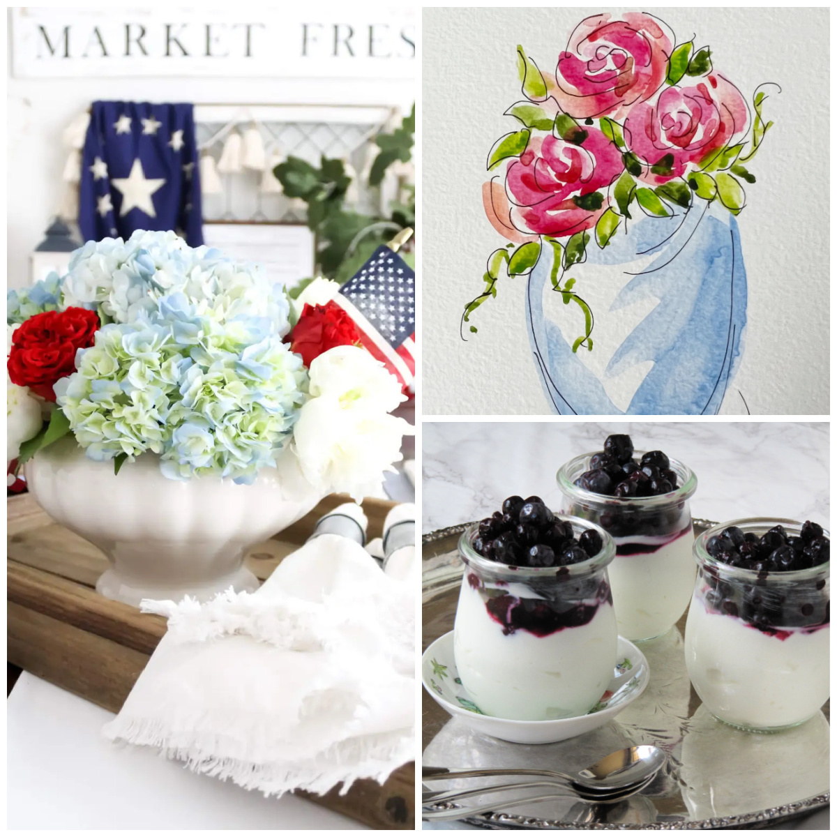 collage of features including patriotic table, watercolor, and blueberry parfait