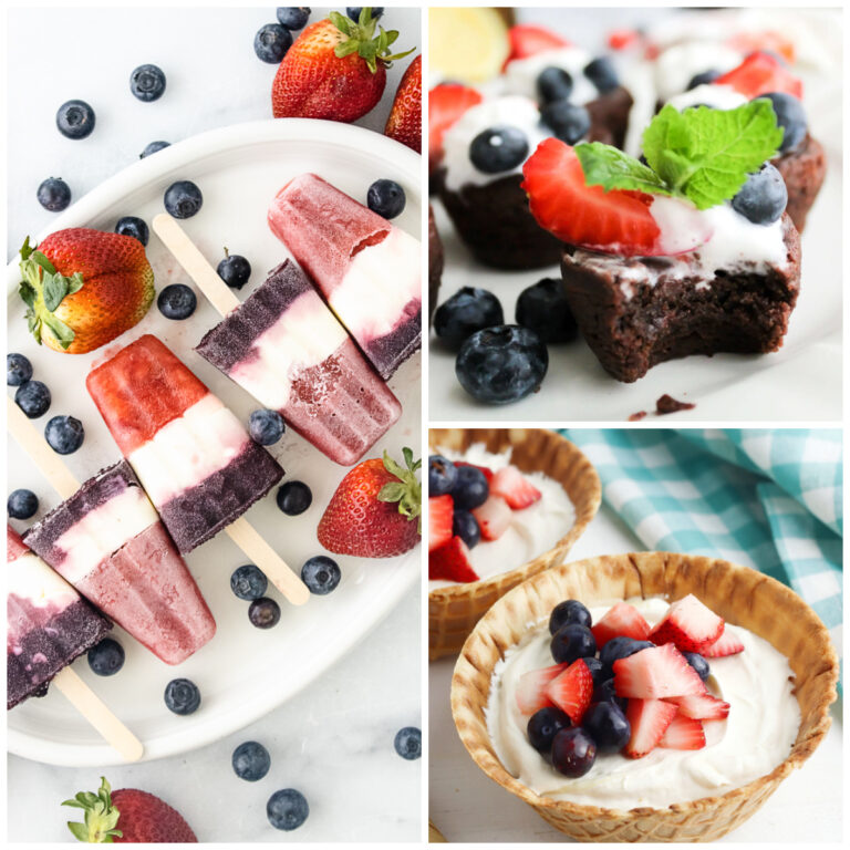 collage of red, white, and blue popsicles, brownie bites, and cheesecake waffle cups