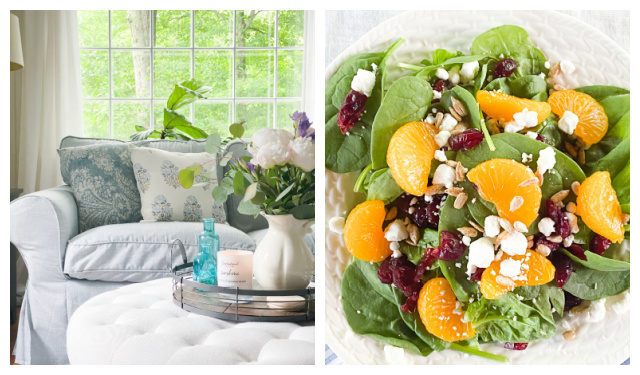 collage of summer family room and spinach salad