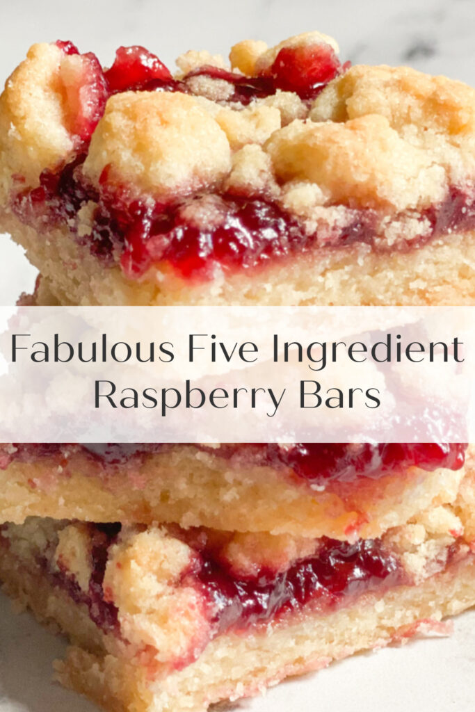 pin with close up photo of three raspberry bars stacked
