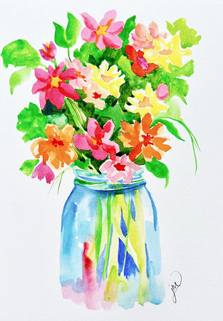 summer watercolor of flowers in mason jar