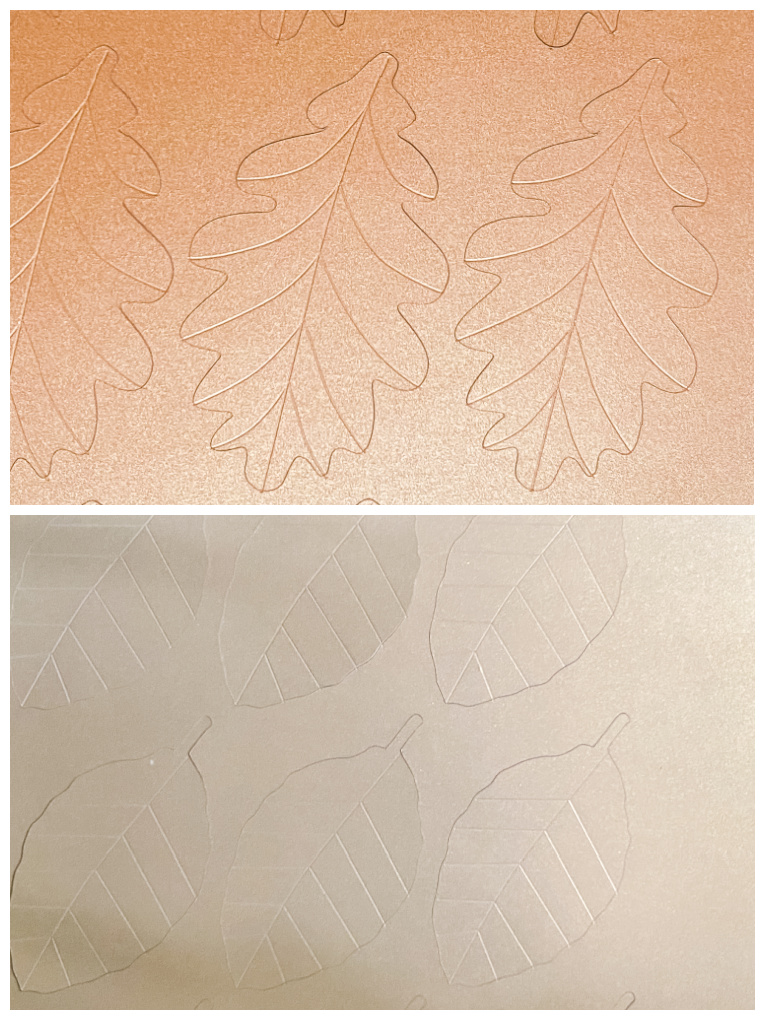 Scored leaf cut outs on shimmered cardstock