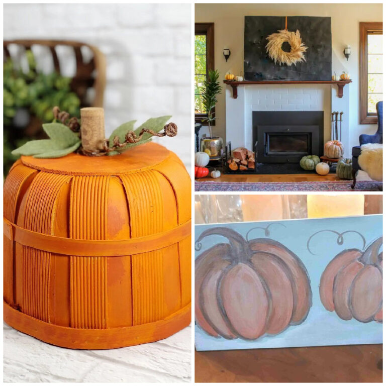 collage of diy pumpkin bushel basket, diy pampas wreath, and painted pumpkinsshel