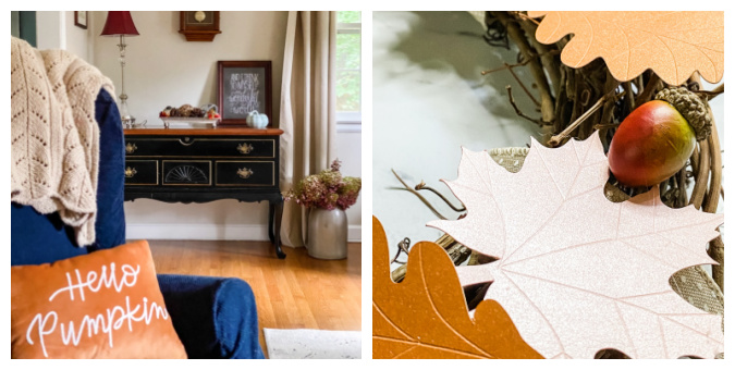 collage of fall living room and close up of fall paper wreath