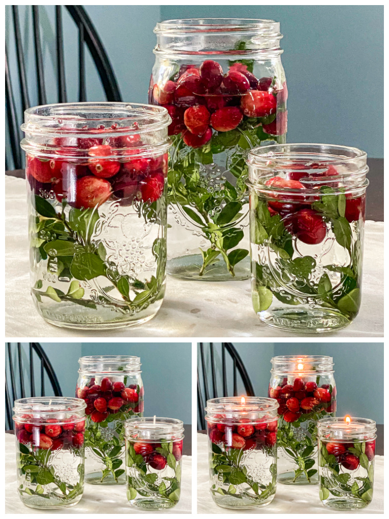 collage of process to make diy holiday jar floating candles