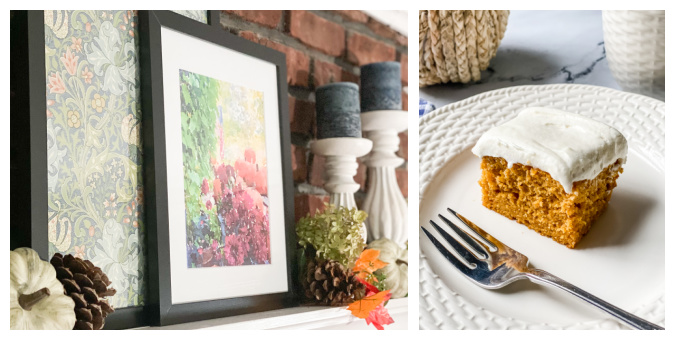collage of fall mantle with watercolor print, pumpkins, pinecones, and candles along with pumpkin bar with cream cheese frosting on a plate