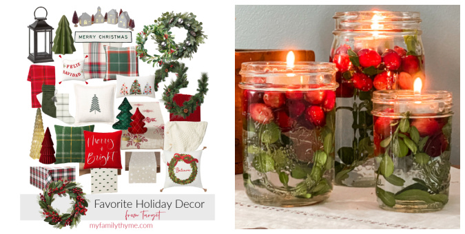 collage of holiday decor finds from Target and DIY Holiday Jar Floating Candles with Boxwood and Cranberries