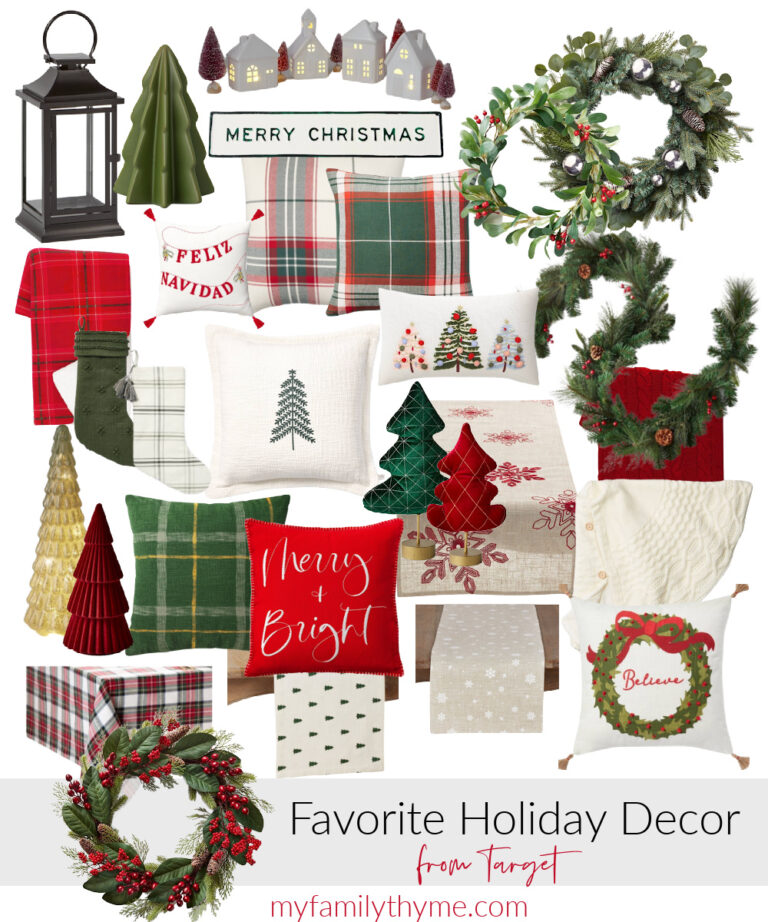 collage of traditional red and green Christmas decorations from Target