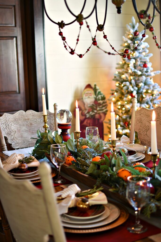 Christmas dining room decorated with dough bowl and candlesticks