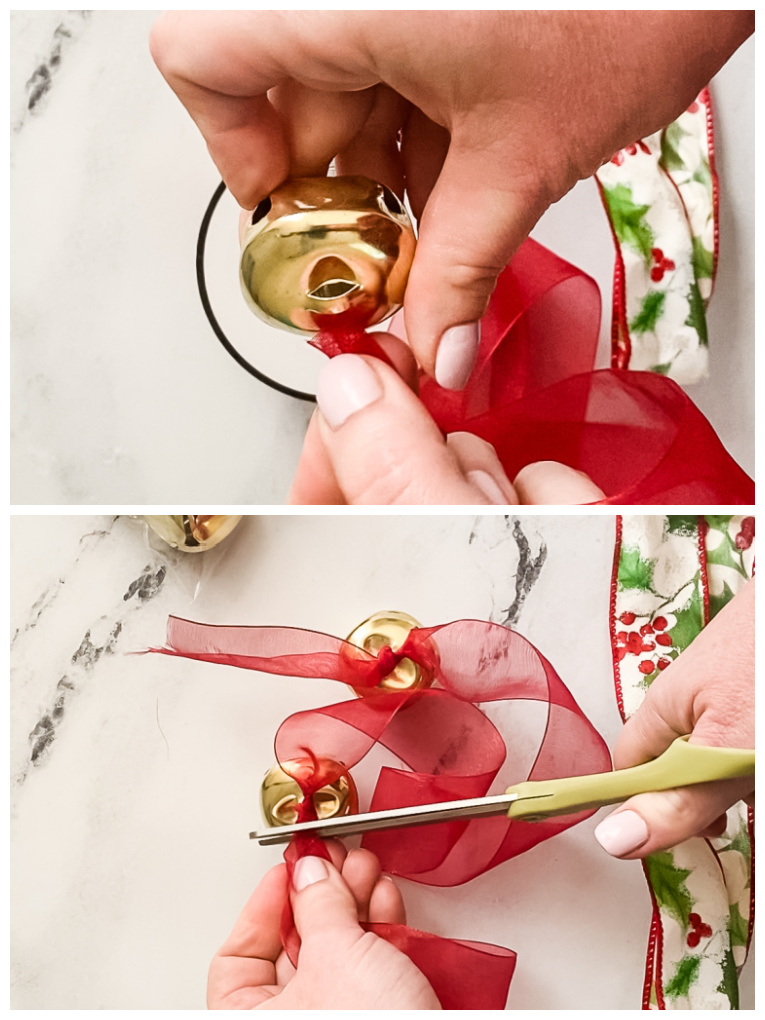 collage of process of threading ribbon through bells and cutting excess ribbon