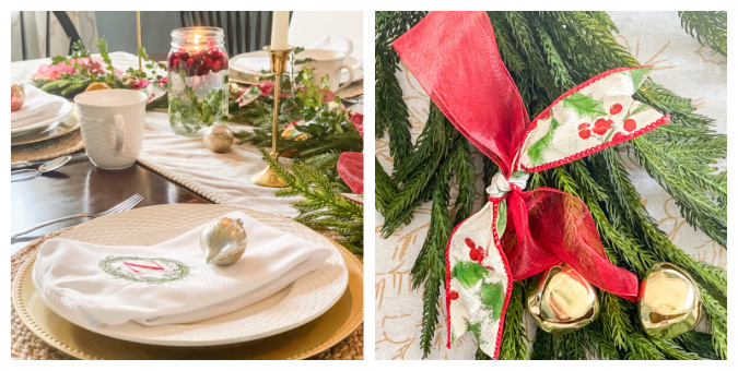 collage of Christmas dining room table and diy jingle bell ornament