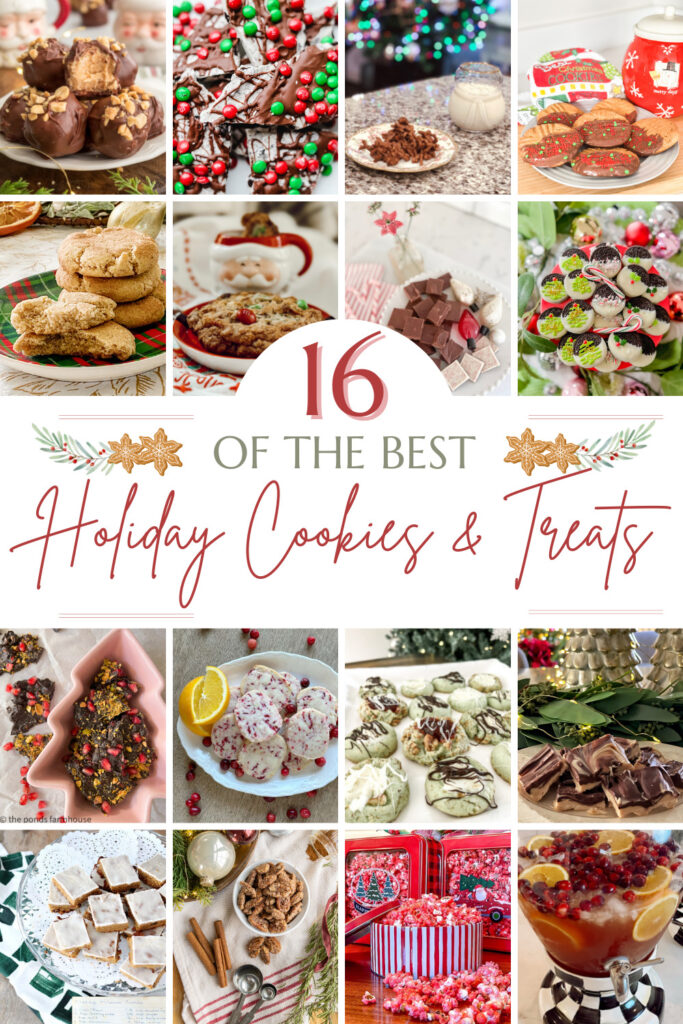 collage of 16 different holiday cookies and treats