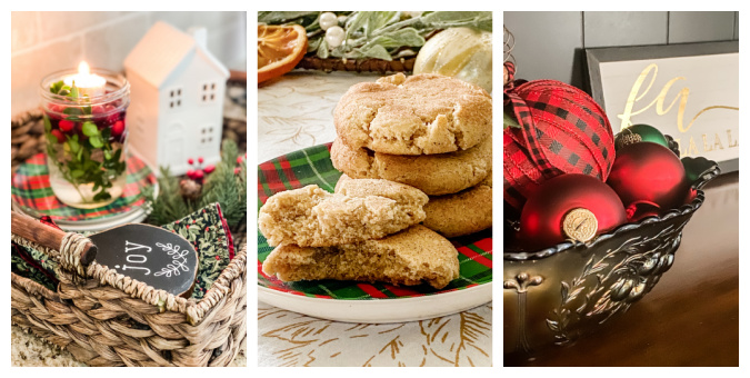 collage of Christmas kitchen, eggnog snickerdoodles, and ribbon wrapped ornament