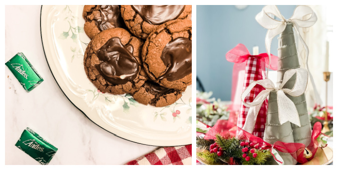 collage of mint chocolate cookies and ribbon wrapped trees