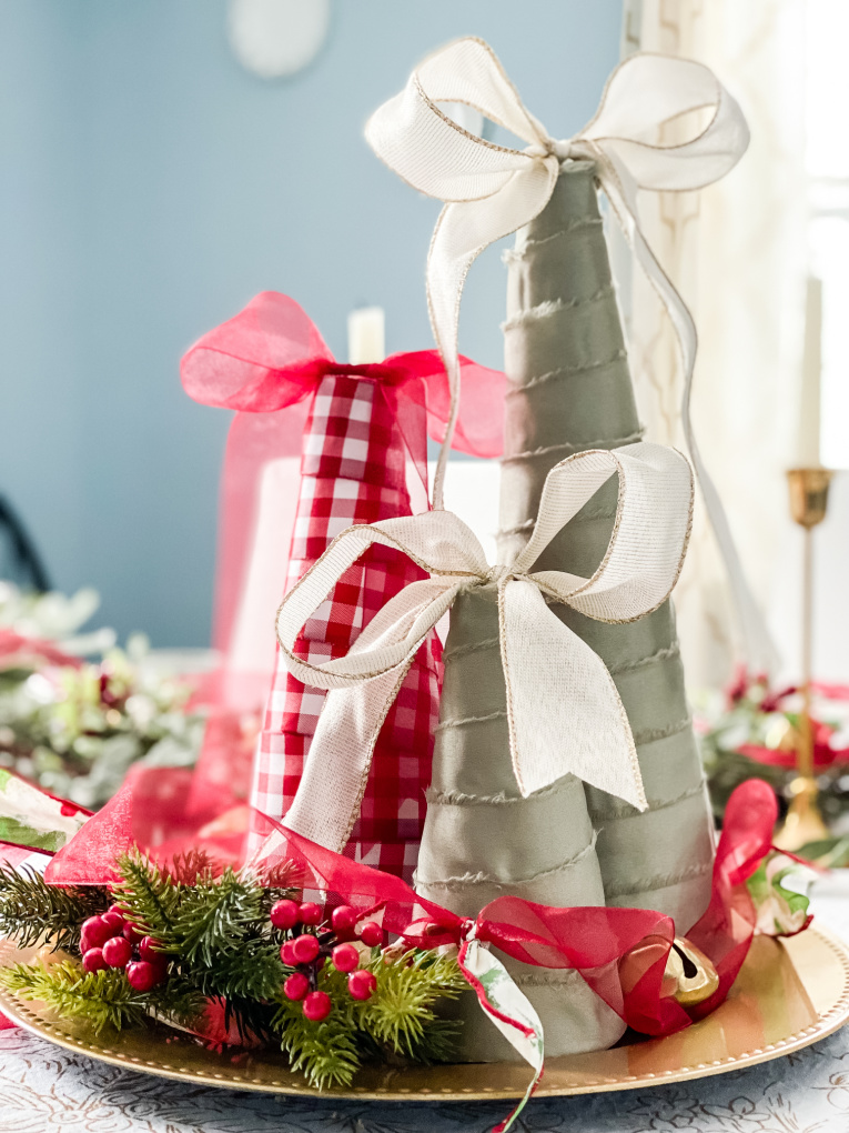 Christmas ribbon trees. Styrofoam cone, ribbon in 3 inch strips, pins