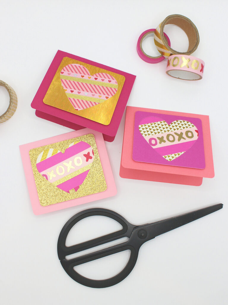 Valentine cards made from paper and washi tape with scissors