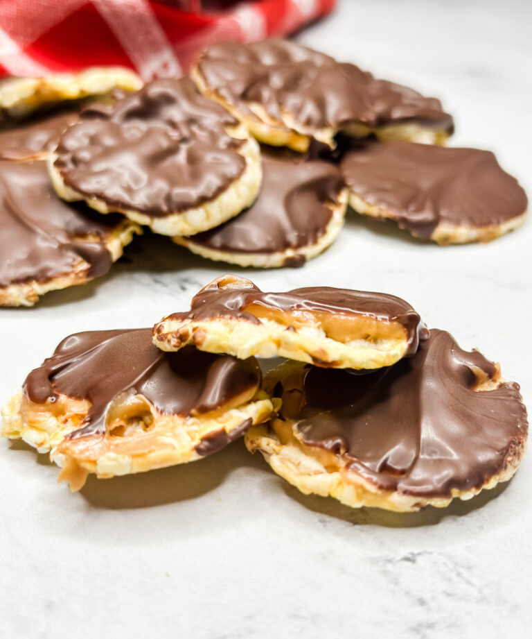 chocolate covered rice cakes on a marble countertop
