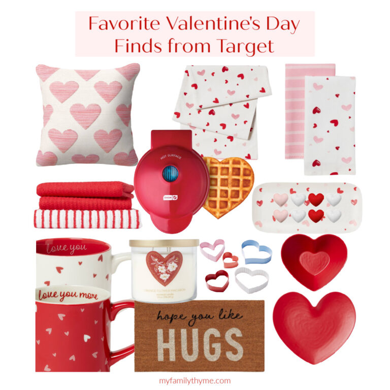 collage of red and pink Valentine's Day decor from Target including pillow, hand towels, waffle maker, mugs, plate, bowl, candle, and outdoor mat