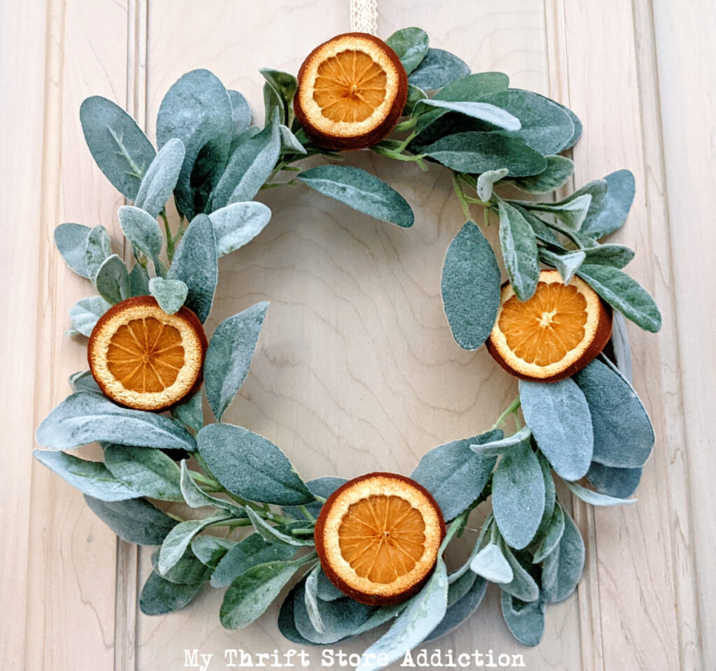 lambs ear wreath with oranges