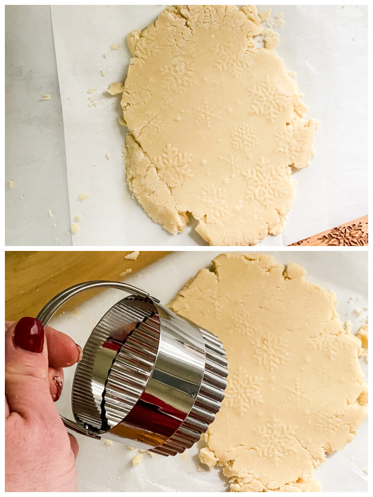 Shortbread dough rolled with embossed rolling pin and shortbread dough being cut with biscuit cutter