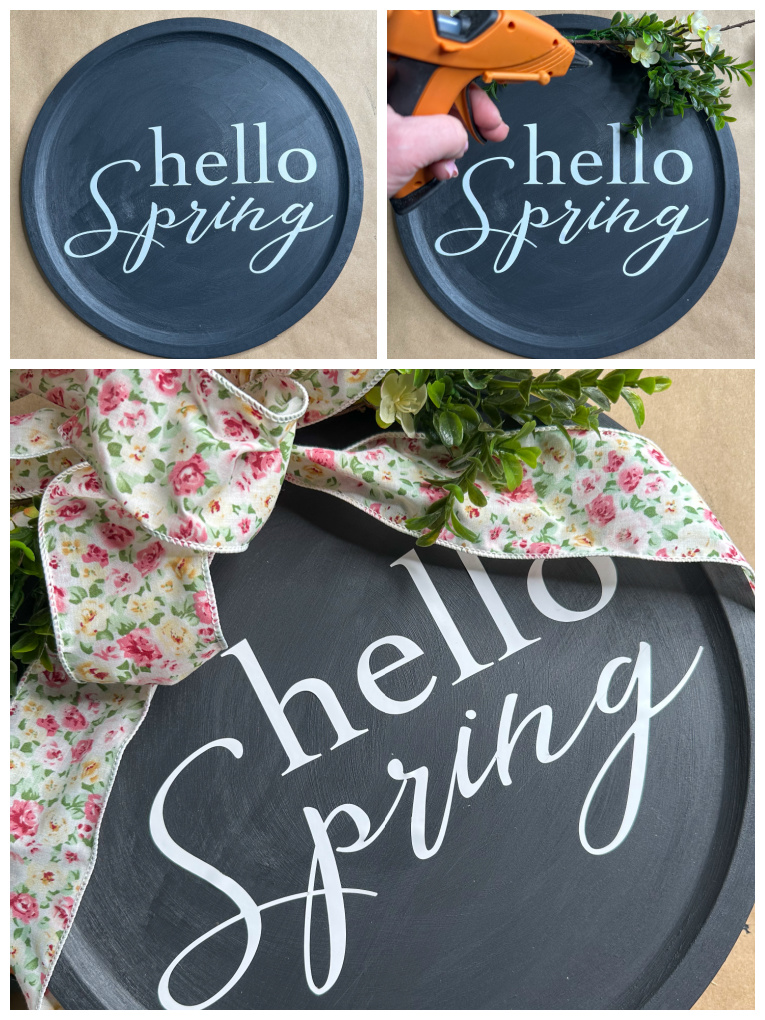 collage of steps of spring pizza pan wreath painted black with white lettering in process 