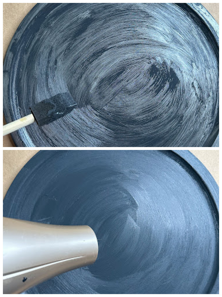 pizza pan being painted with black paint