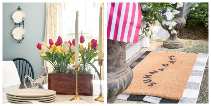 view of blue dining room with table set with candlesticks and tulip and daffodil arrangement in vintage tool box and dessert plates, forks, and napkins and front step with diy sunny days stenciled outdoor mat