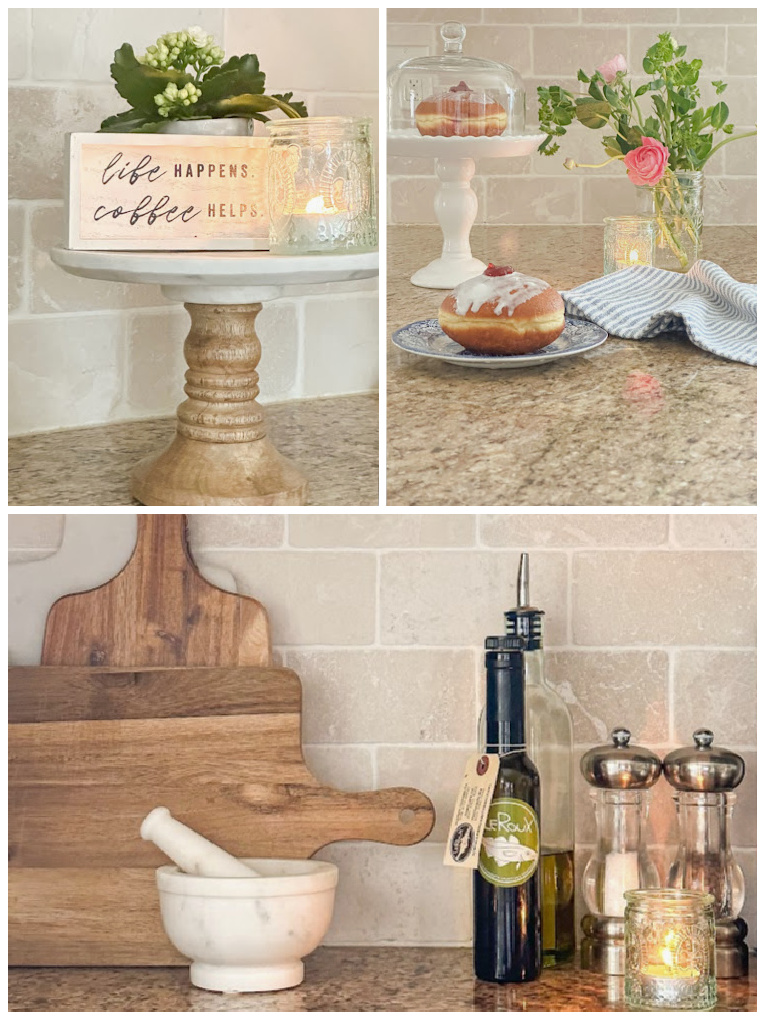 collage with raspberry donuts with candle, pink ranunculus in mason jar and candle on kitchen counter, coffee sign and wood cutting boards.