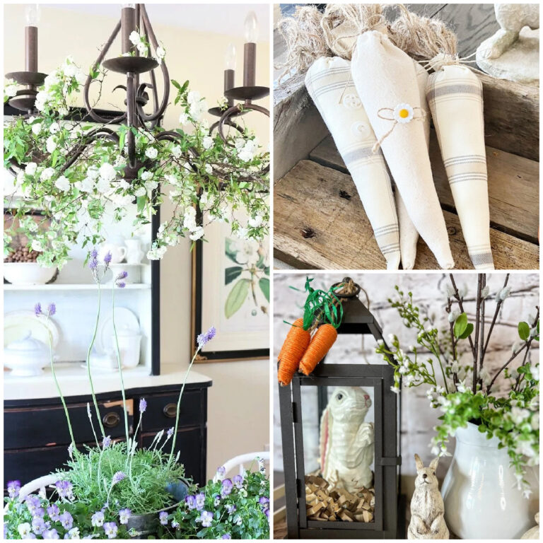 collage of bridal bush floral garland on a chandelier as a spring decoration, grey and white diy fabric carrots on tray, lantern with Easter bunny and pitcher with white flowered branches