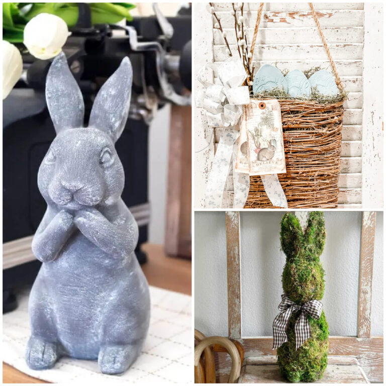 collage of diy Easter decorations...bunnies and stamped clay eggs