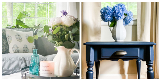collage of light blue couch with white, green and blue floral pillow with tray with light pink peonies in iron stone pitcher and midnight blue side table with pitcher of blue hydrangeas