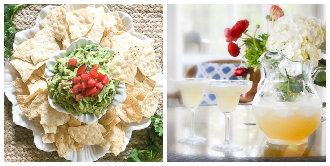 collage of homemade guacamole with chips, along with two margaritas in glasses with a glass pitcher of margarita.