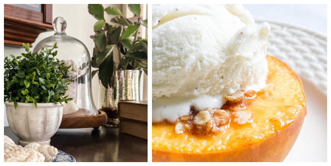 collage of cloch with plant inside, greenery, book stack and baked peach with vanilla ice cream melted