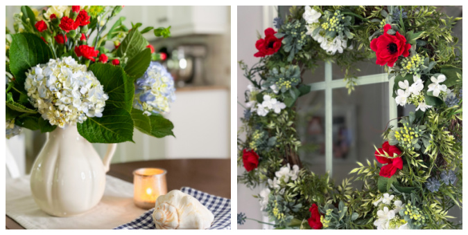collage of light blue hydrangeas, white stock and red carnations in a white iron stone picture, small candle, and blue gingham napkins on a kitchen table and red white and blue floral wreath