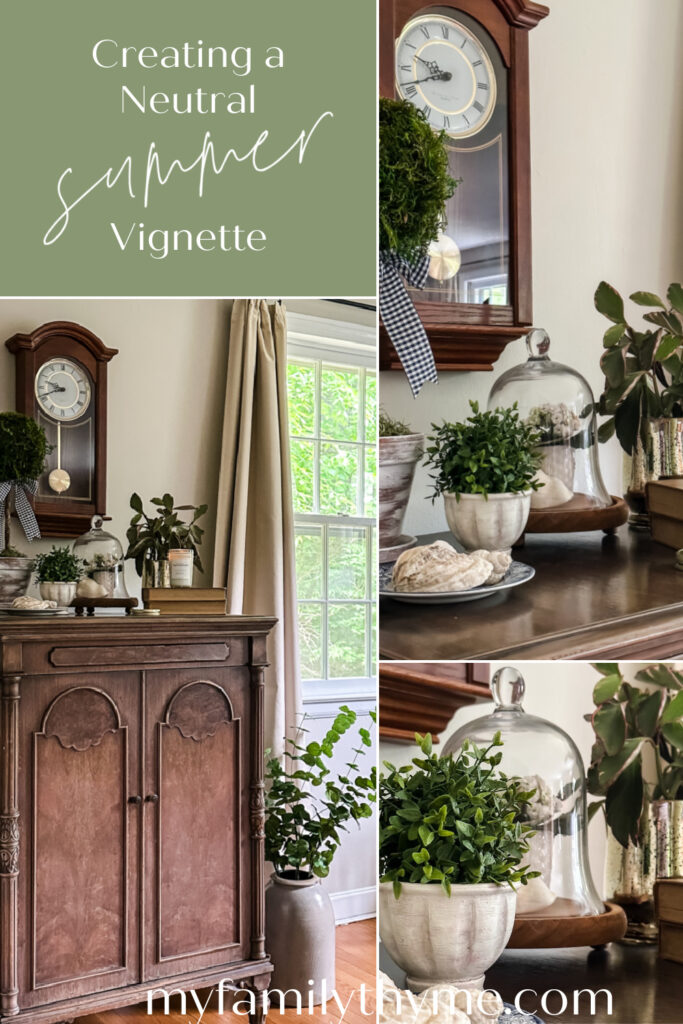 collage of 3 pictures of view of antique cabinet with topiary, cloche, and variety of real and faux plants on top to create a neutral summer vignette