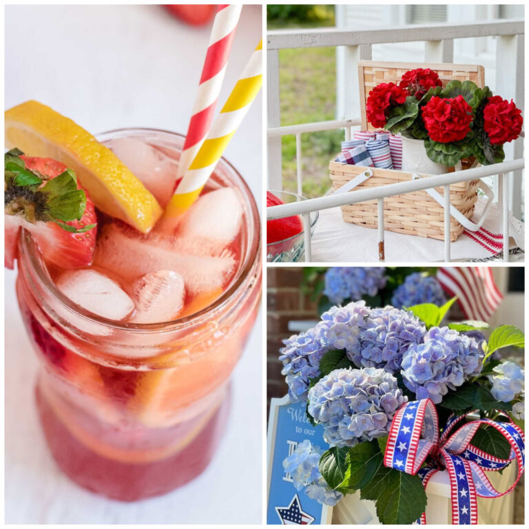 collage of strawberry sweet tea, red geraniums in basket with red white and blue rolled towels, blue hydrangea in planter with patriotic ribbon bow