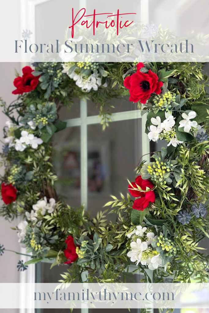 DIY red white and blue floral wreath on bac door