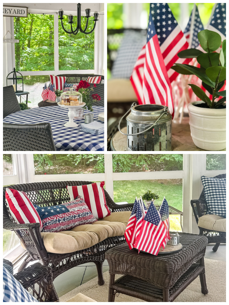 collage of patriotic decorated porch with blue and white gingham along with red and white stripes and mini American flags